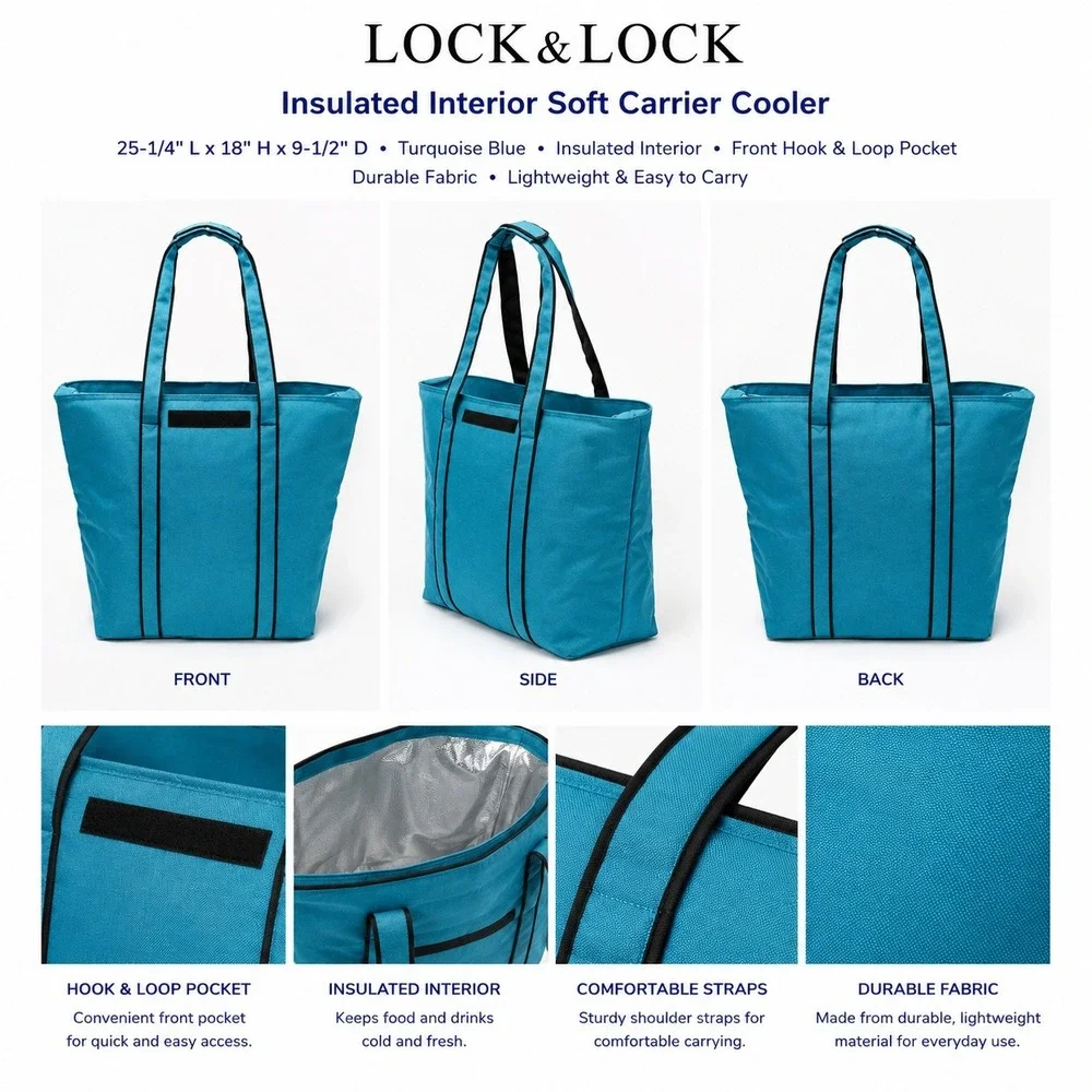 Lock & Lock Insulated Soft Carrier Cooler Turquoise‎ Blue Large Tote Bag NWOT